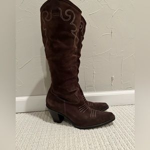Via Spiga Western Embroidered Suede Cowgirl Boots Brown Excellent Condition!